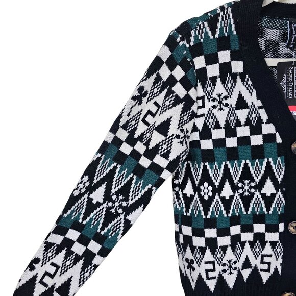 Sacred Threads Geometric Button-Up Cardigan Sweater S Black/Green Christmas NWT - Picture 3 of 9